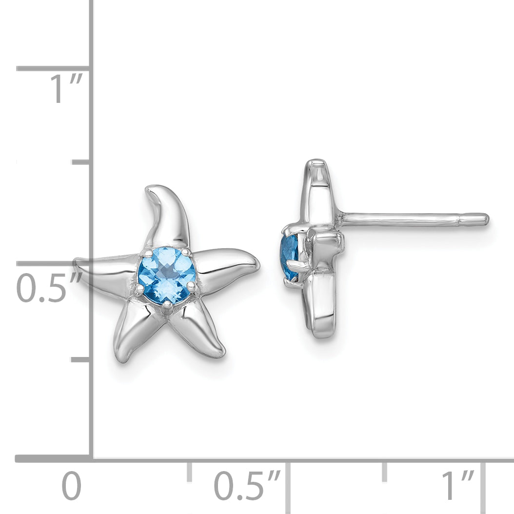 Sterling Silver Rhodium-plated Polished Round Light Swiss Blue Topaz Starfish Post Earrings