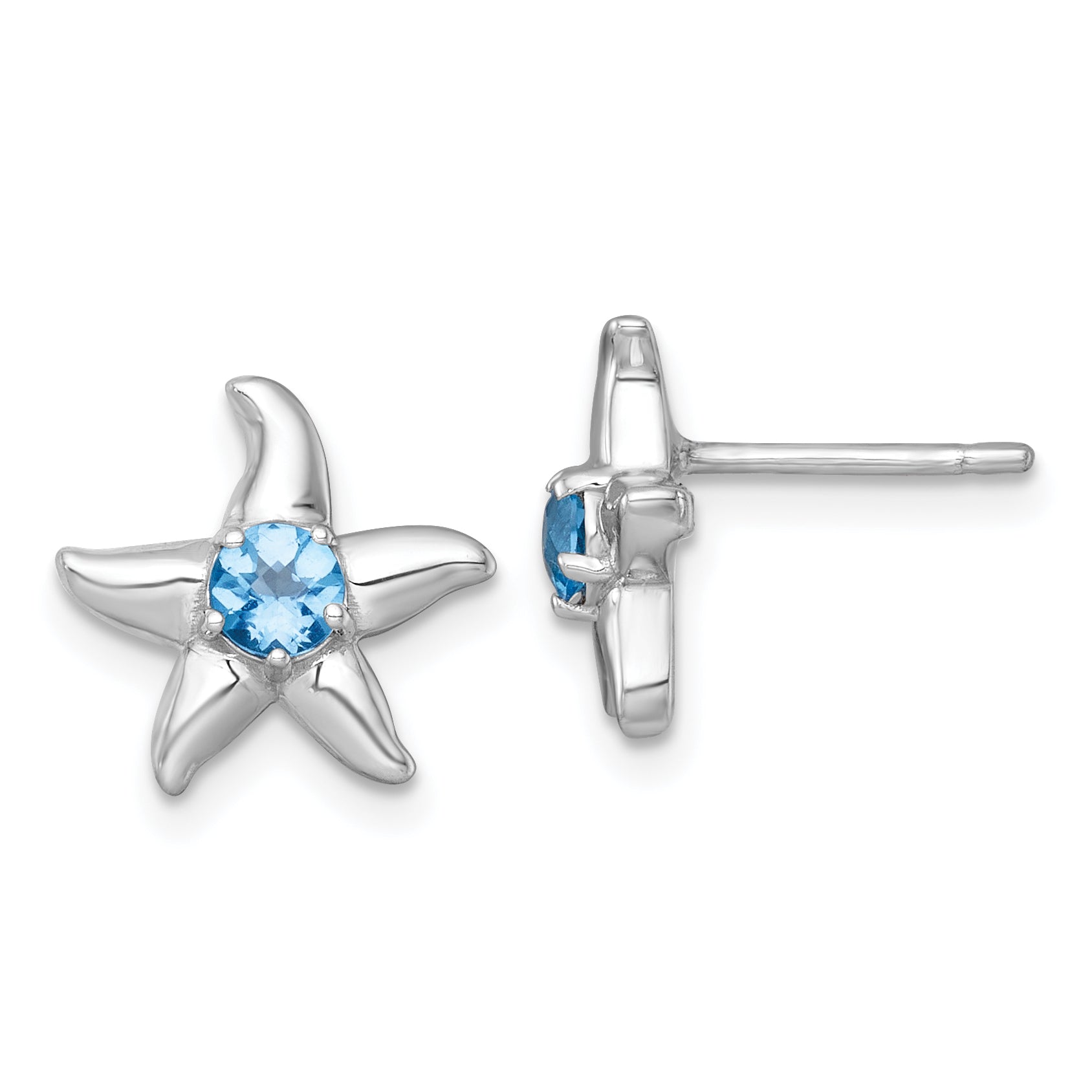 Sterling Silver Rhodium-plated Polished Round Light Swiss Blue Topaz Starfish Post Earrings