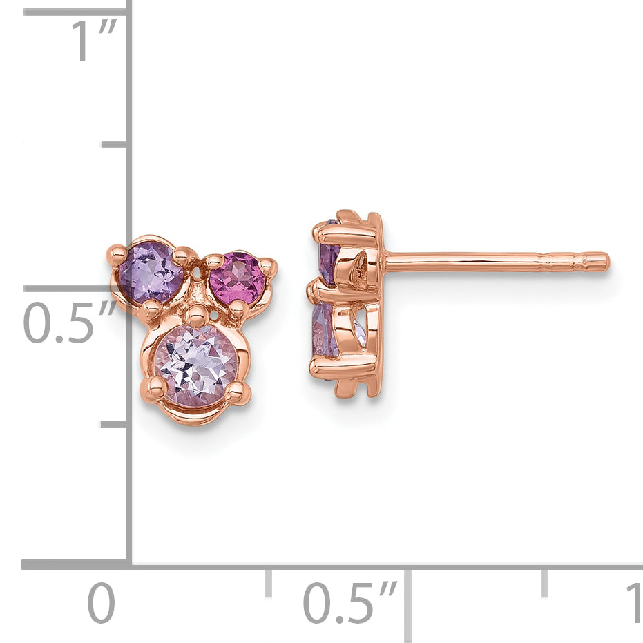 Sterling Silver Rose Gold-plated Polished Round Amethyst, Pink Quartz and Rhodolite Garnet Post Earrings