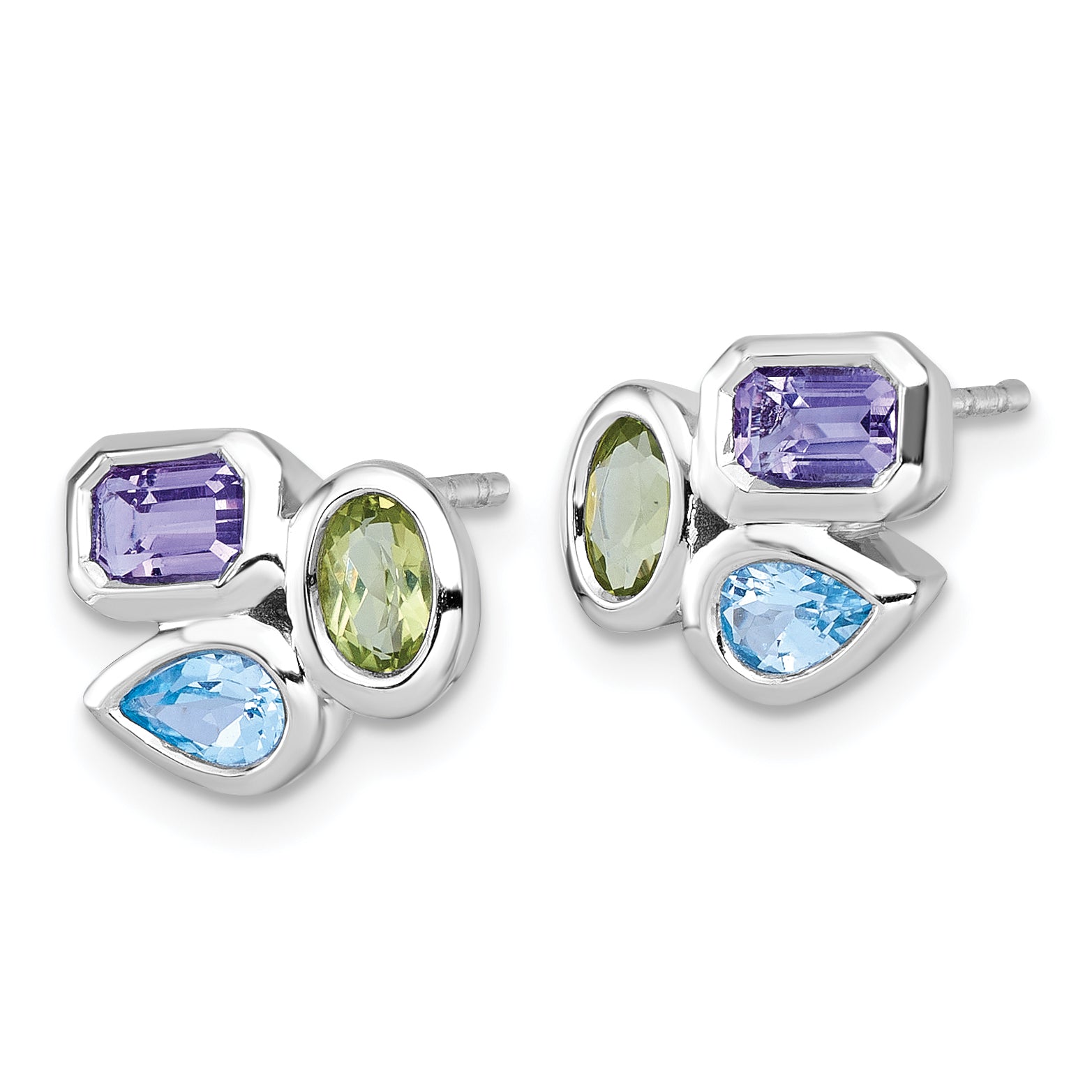 Sterling Silver Rhodium-plated Polished Pear Blue Topaz, Oval Peridot and Emerald-cut Amethyst Post Earrings Secondary image