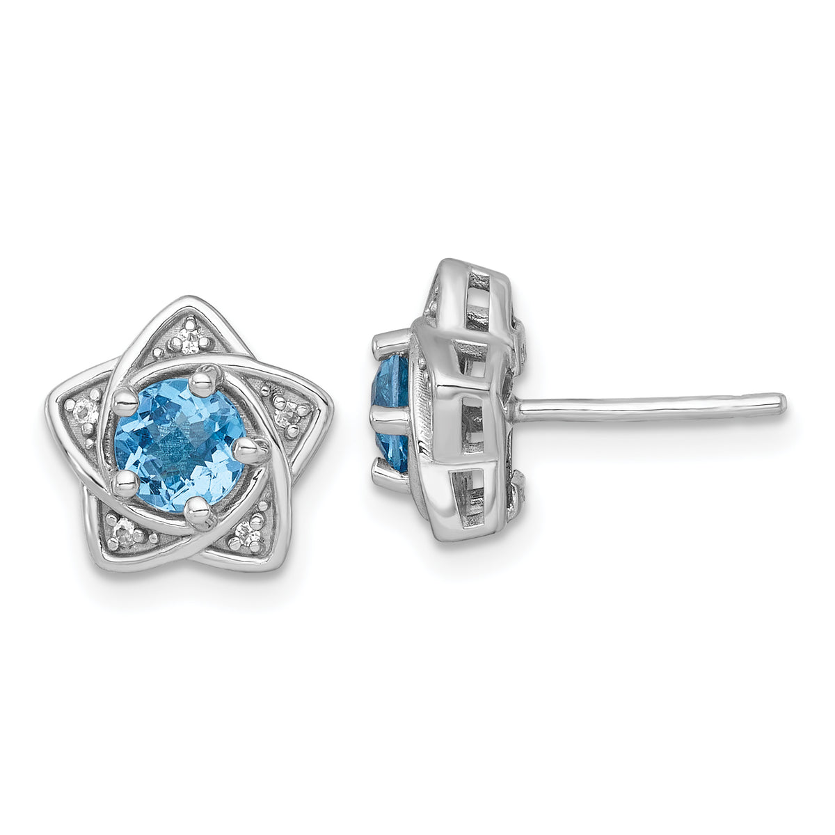 Sterling Silver Rhodium-plated Polished Round Light Swiss Blue and White Topaz Star Post Earrings