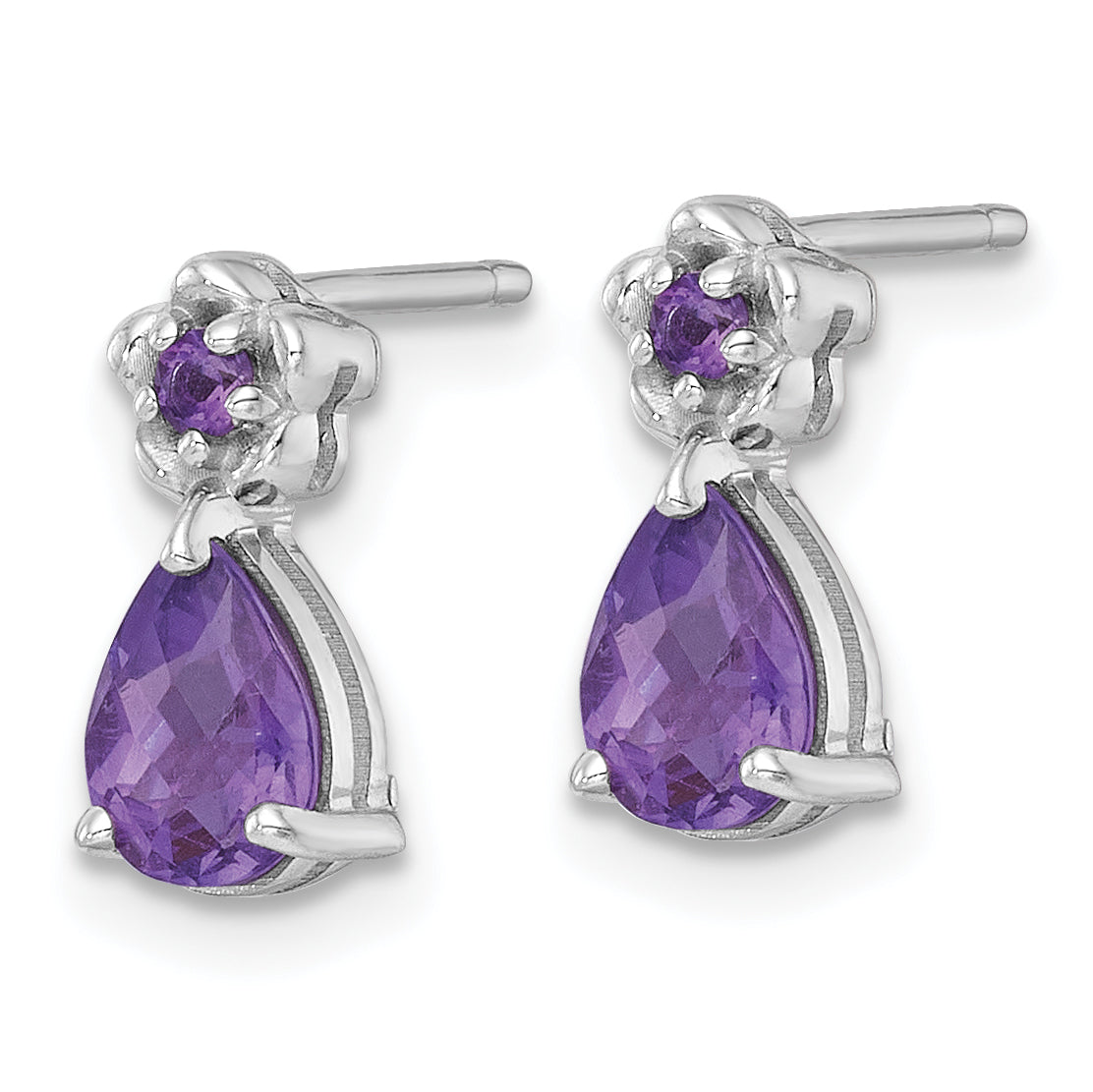 Sterling Silver Rhodium-plated Polished Amethyst Teardrop and Flower Post Earrings Secondary image