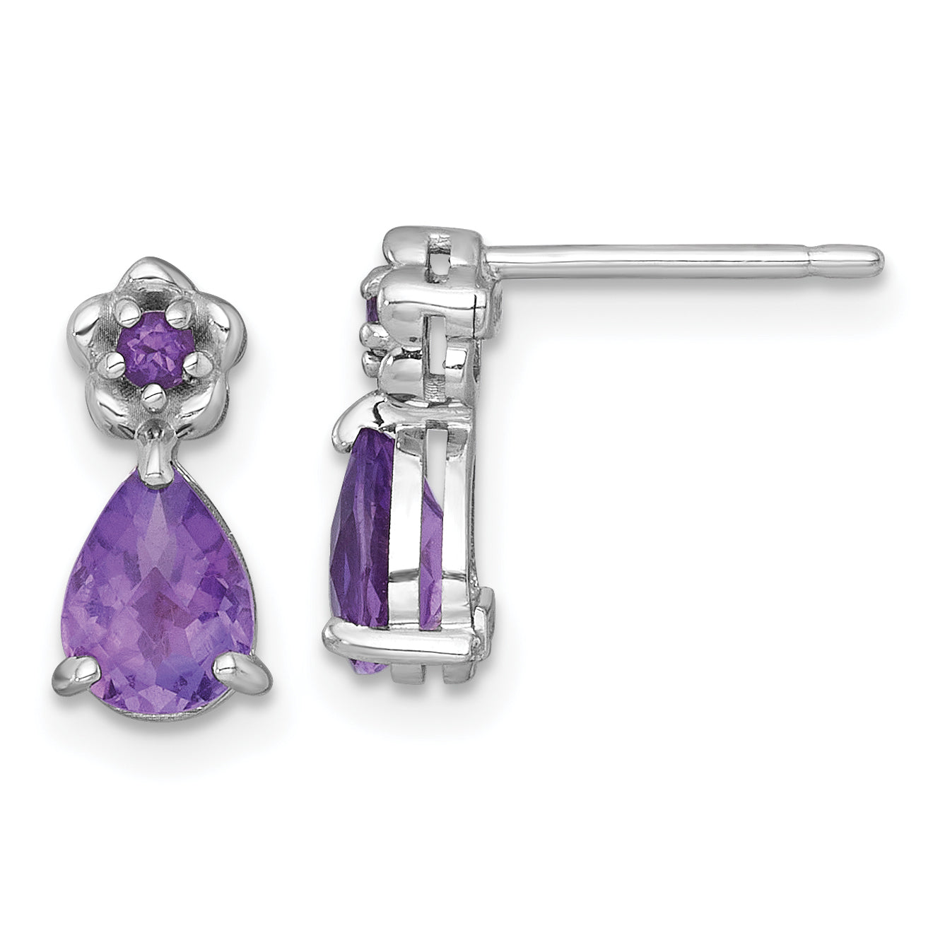 Sterling Silver Rhodium-plated Polished Amethyst Teardrop and Flower Post Earrings Main image