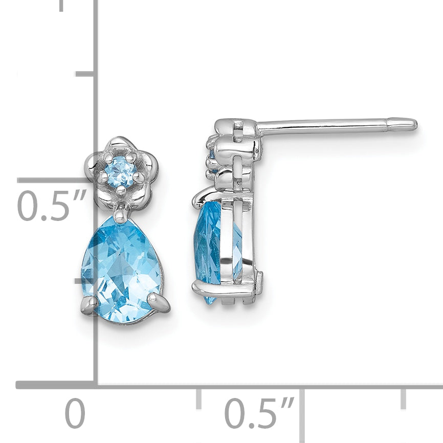 Sterling Silver Rhodium-plated Polished Light Swiss Blue Topaz Teardrop and Flower Post Earrings