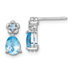 Sterling Silver Rhodium-plated Polished Light Swiss Blue Topaz Teardrop and Flower Post Earrings