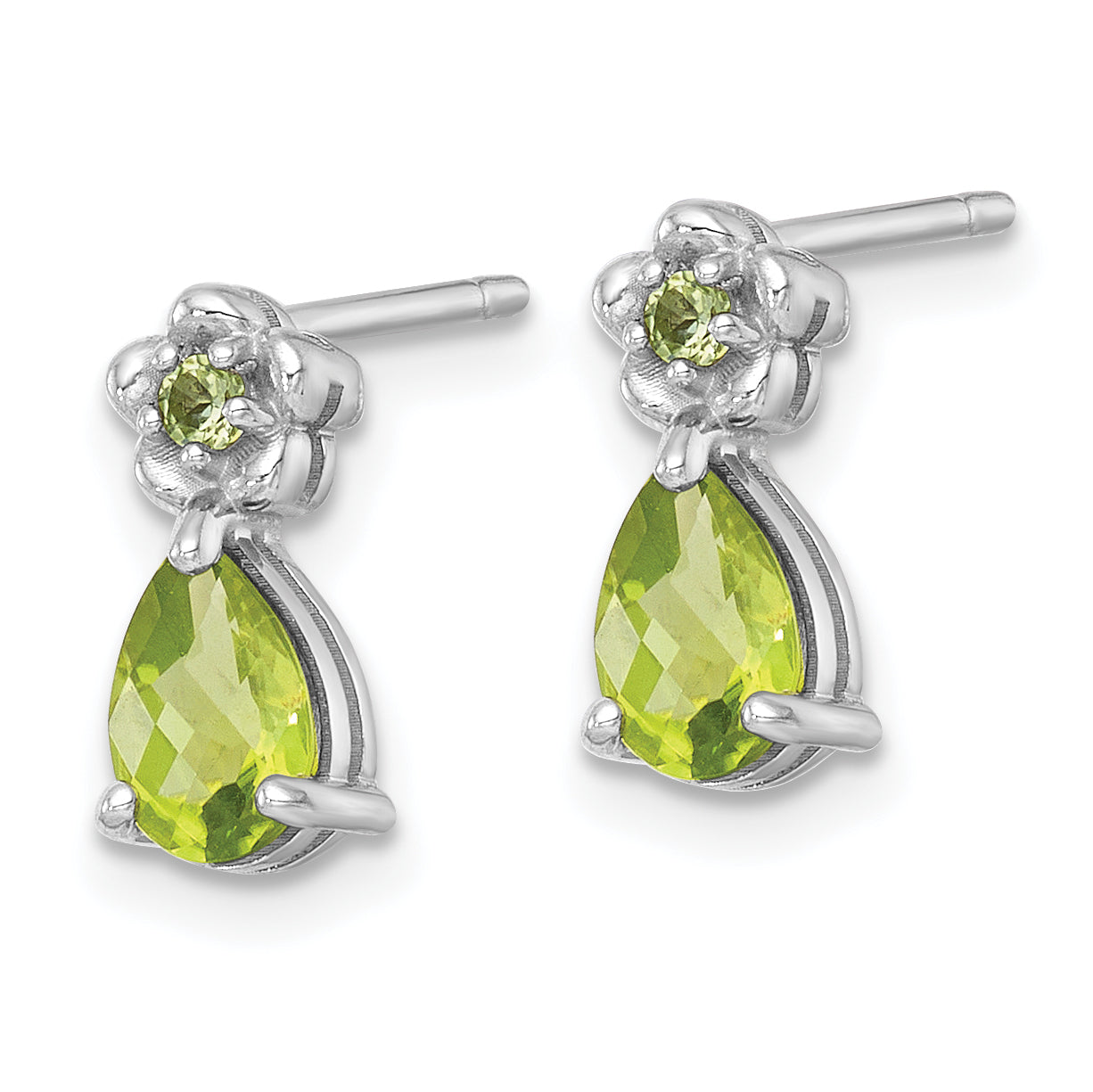 Sterling Silver Rhodium-plated Polished Peridot Teardrop and Flower Post Earrings