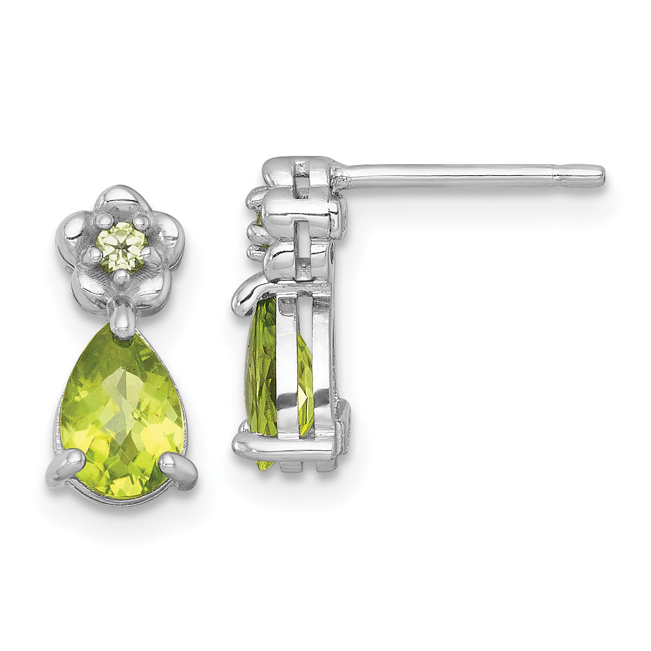 Sterling Silver Rhodium-plated Polished Peridot Teardrop and Flower Post Earrings Main image