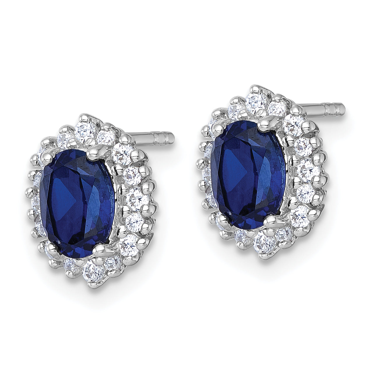 Sterling Silver Rhodium-plated Polished Lab Created Sapphire and CZ Oval Halo Post Earrings Secondary image