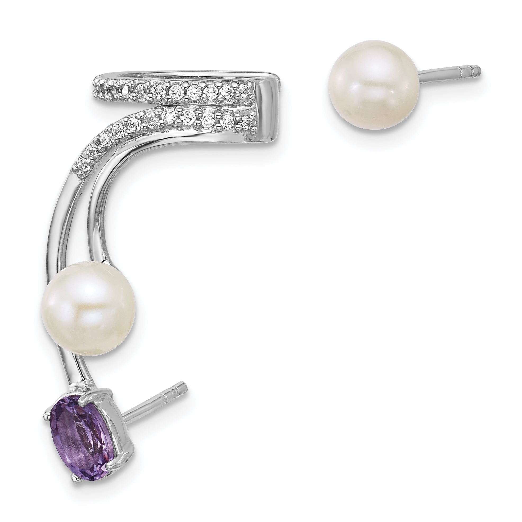 Sterling Silver Rhodium-plated CZ, White Freshwater Cultured Pearl and .45ct Oval Amethyst Post and Cuff Asymmetric Earrings Secondary image