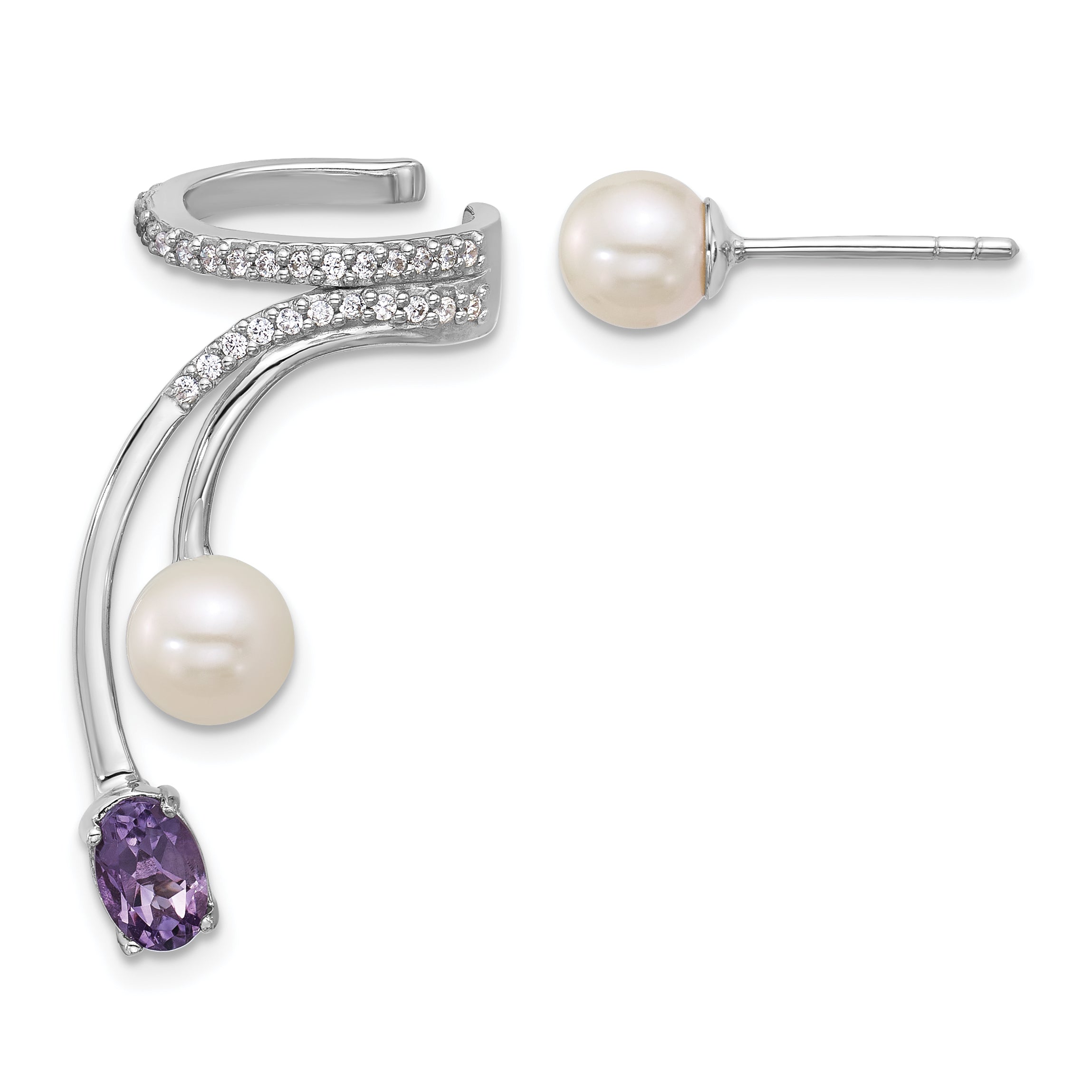 Sterling Silver Rhodium-plated CZ, White Freshwater Cultured Pearl and .45ct Oval Amethyst Post and Cuff Asymmetric Earrings Main image