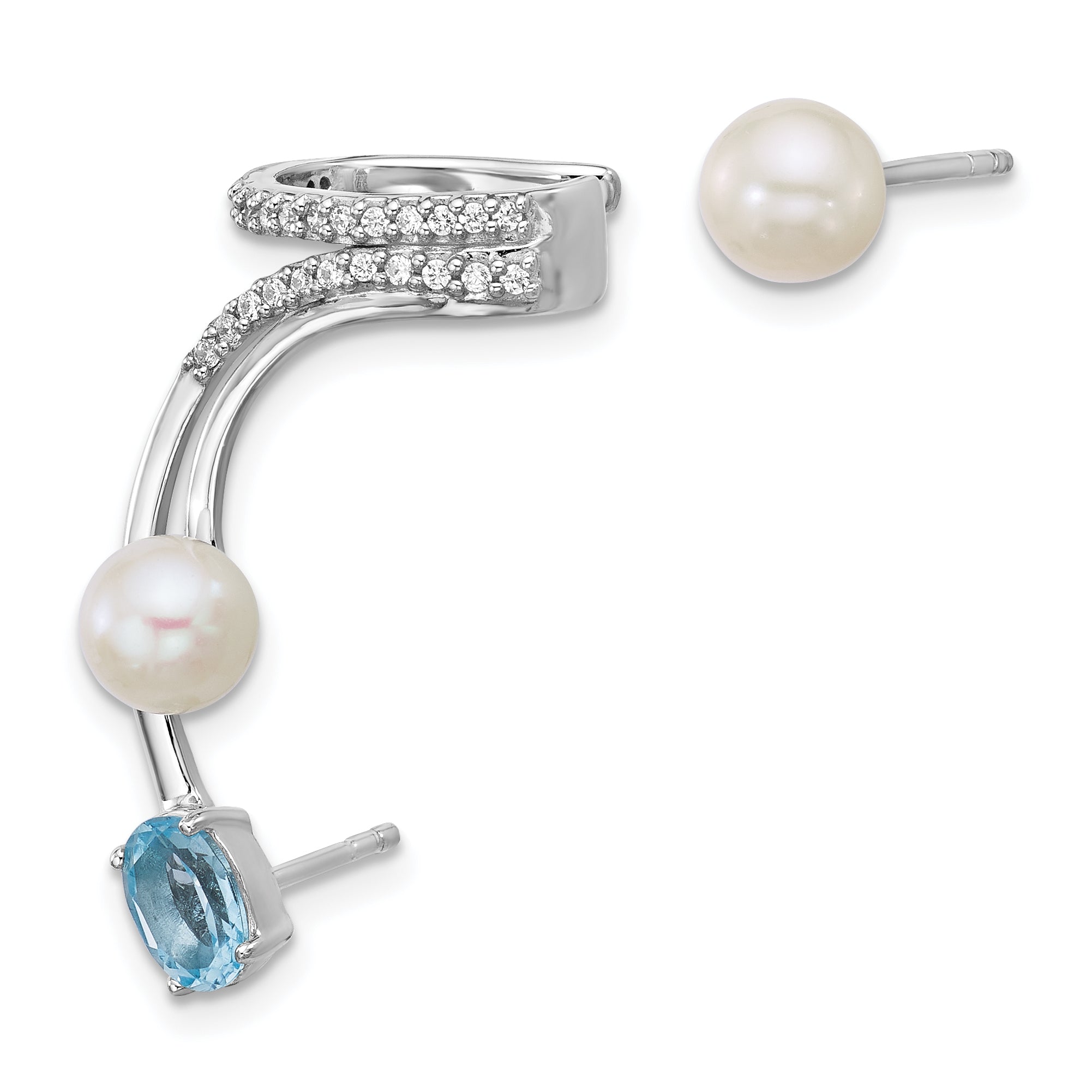 Sterling Silver Rhodium-plated CZ, White Freshwater Cultured Pearl and .58ct Oval Blue Topaz Post and Cuff Asymmetric Earrings Secondary image