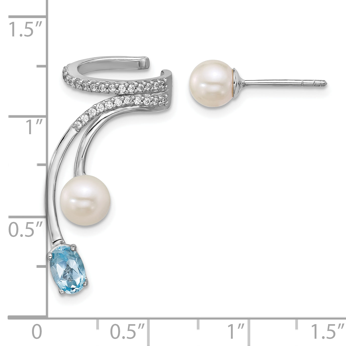 Sterling Silver Rhodium-plated CZ, White Freshwater Cultured Pearl and .58ct Oval Blue Topaz Post and Cuff Asymmetric Earrings