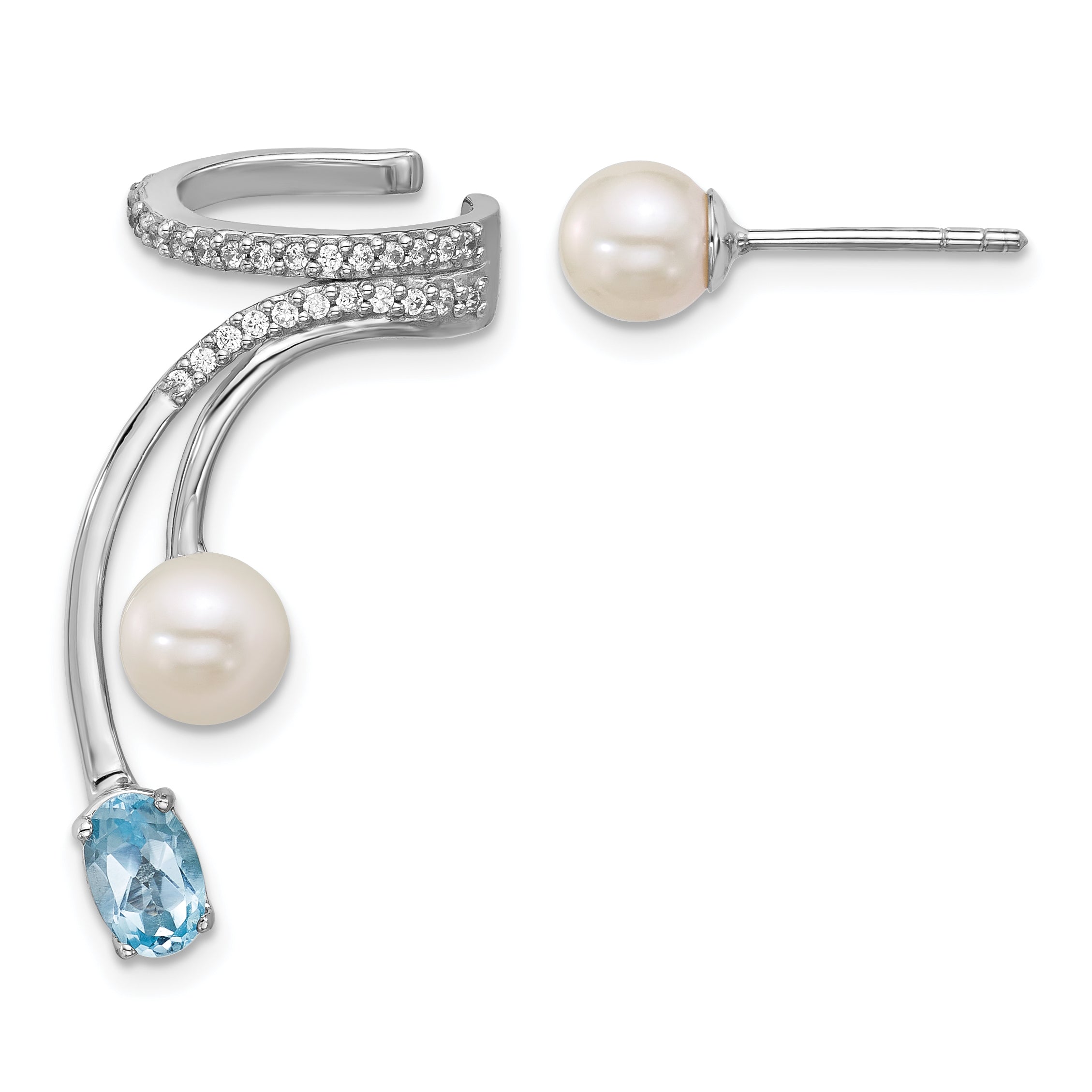 Sterling Silver Rhodium-plated CZ, White Freshwater Cultured Pearl and .58ct Oval Blue Topaz Post and Cuff Asymmetric Earrings Main image