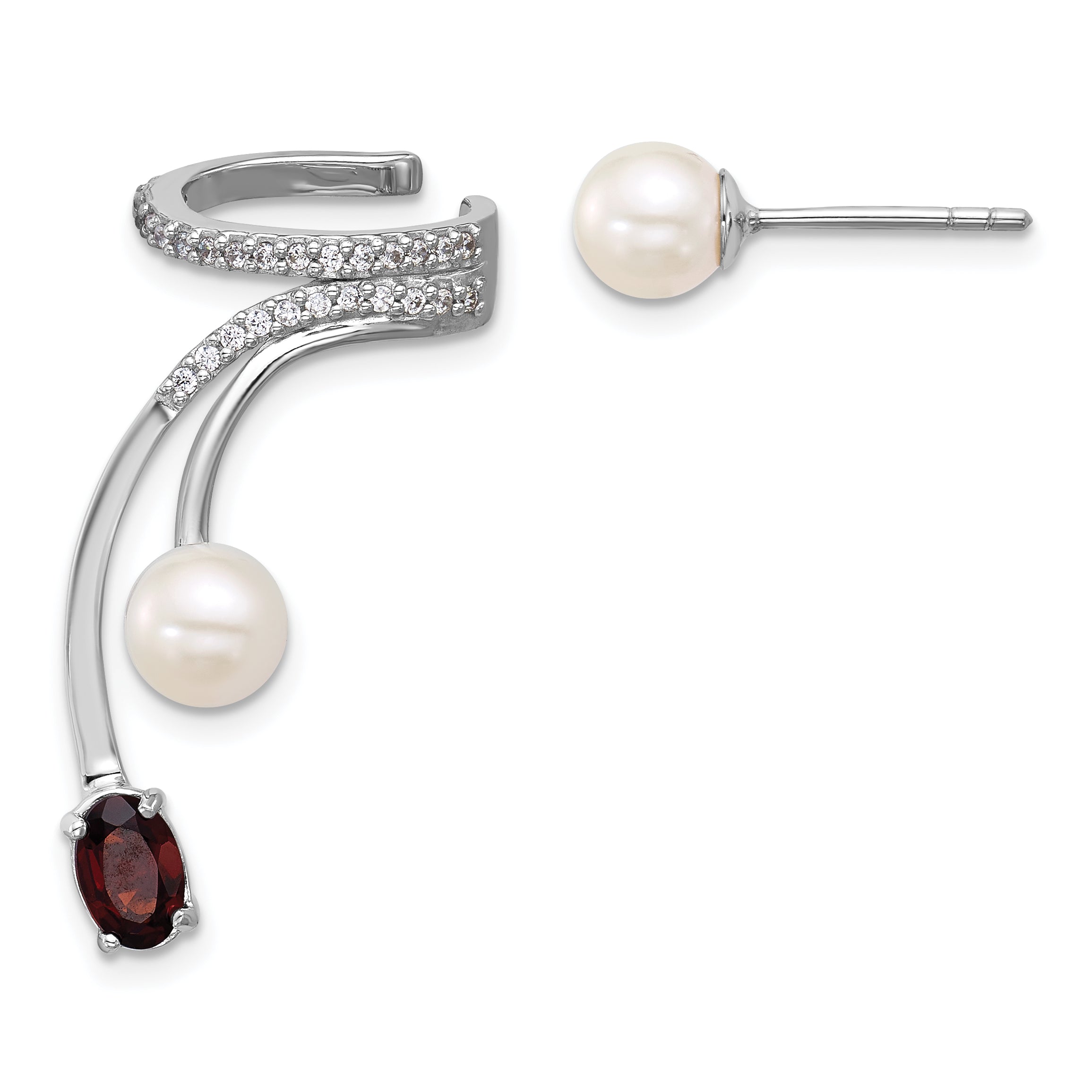 Sterling Silver Rhodium-plated CZ, White Freshwater Cultured Pearl and .57ct Oval Garnet Post and Cuff Asymmetric Earrings