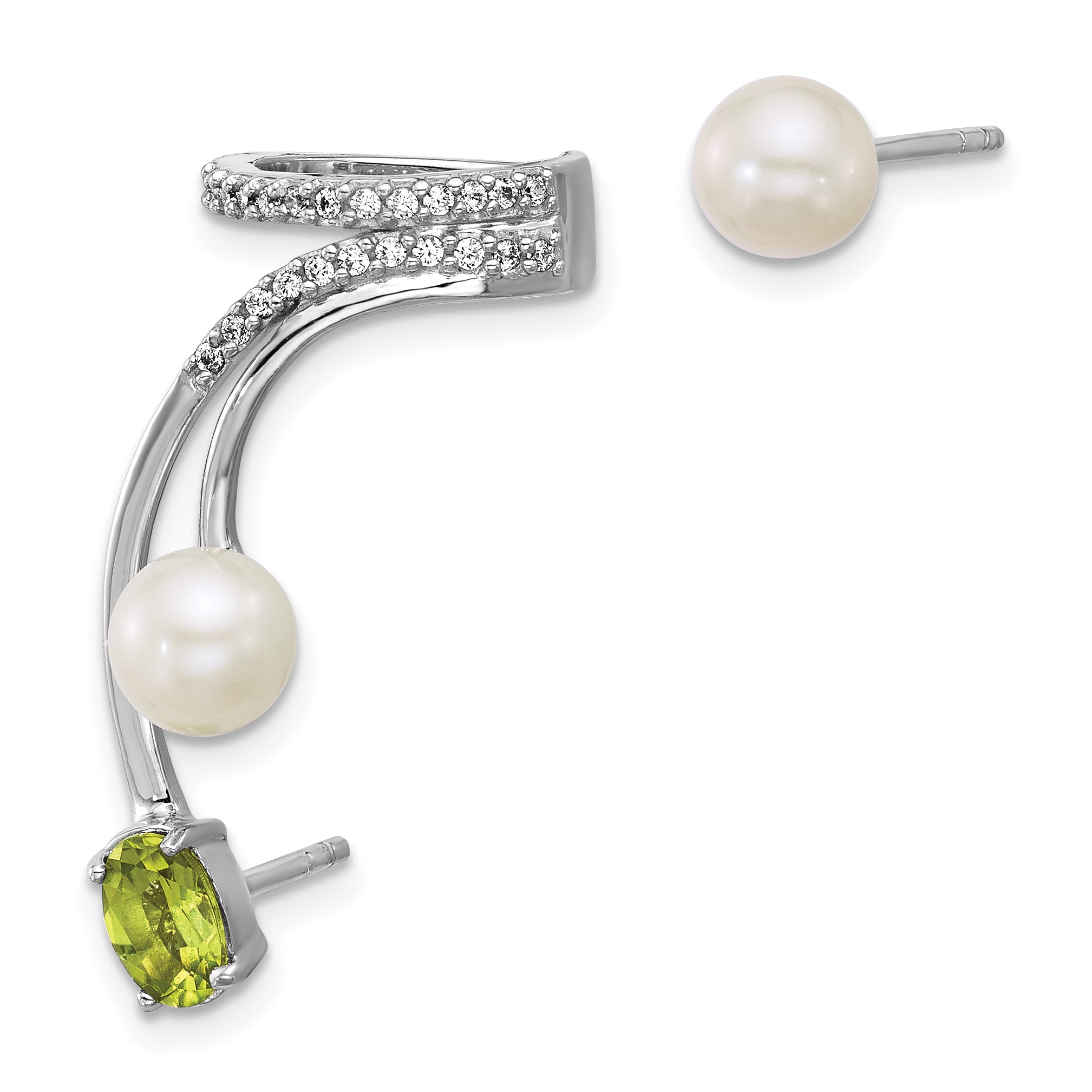 Sterling Silver Rhodium-plated CZ, White Freshwater Cultured Pearl and .49ct Oval Peridot Post and Cuff Asymmetric Earrings Secondary image