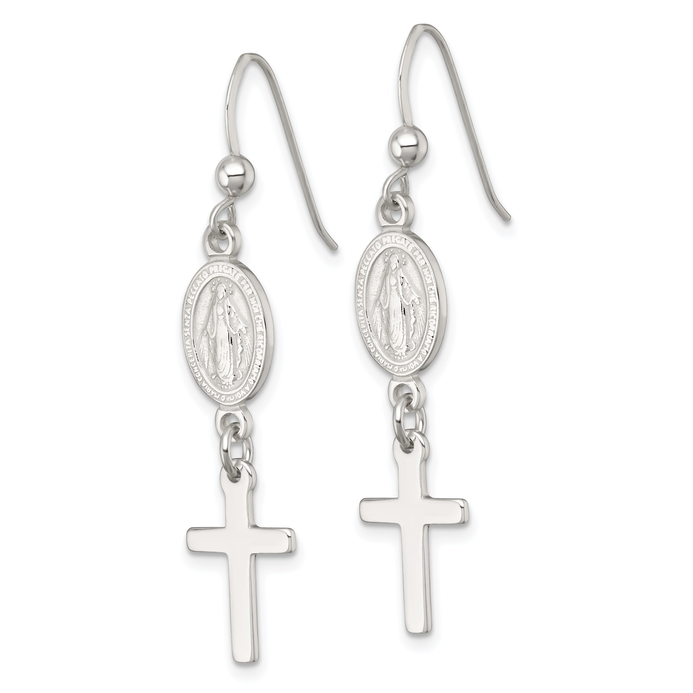Sterling Silver Polished Spanish Miraculous Medal and Cross Dangle Shepherd Hook Earrings