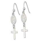 Sterling Silver Polished Spanish Miraculous Medal and Cross Dangle Shepherd Hook Earrings