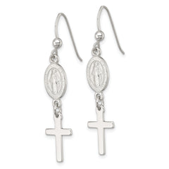 Sterling Silver Polished Spanish Miraculous Medal and Cross Dangle Shepherd Hook Earrings