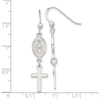 Sterling Silver Polished Spanish Miraculous Medal and Cross Dangle Shepherd Hook Earrings