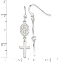Sterling Silver Polished Spanish Miraculous Medal and Cross Dangle Shepherd Hook Earrings