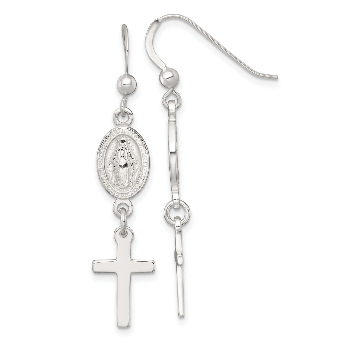 Medal and Cross Shepherd Hook Dangle Earrings in Sterling Silver - Sophia Jewelers Main image
