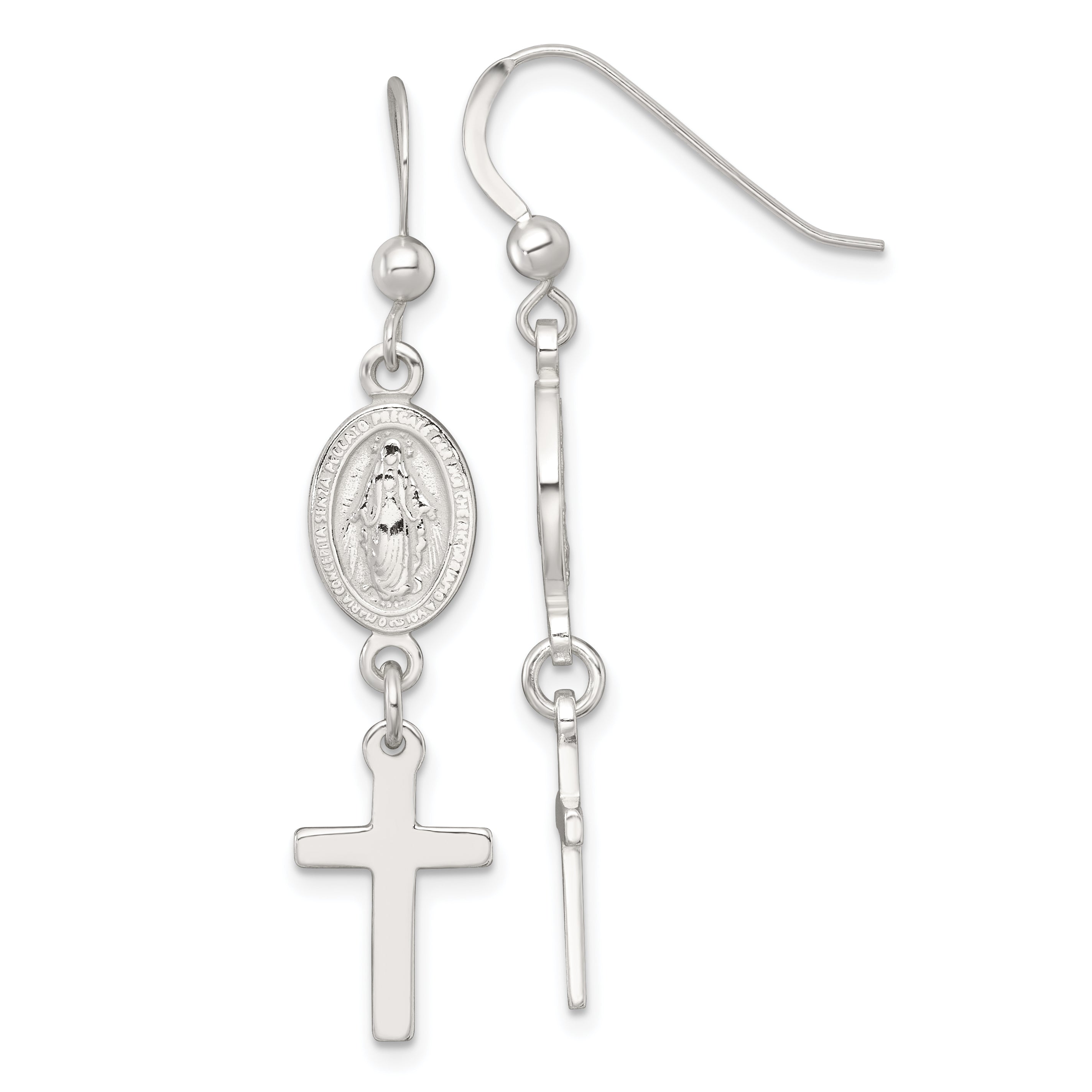 Sterling Silver Polished Spanish Miraculous Medal and Cross Dangle Shepherd Hook Earrings Main image