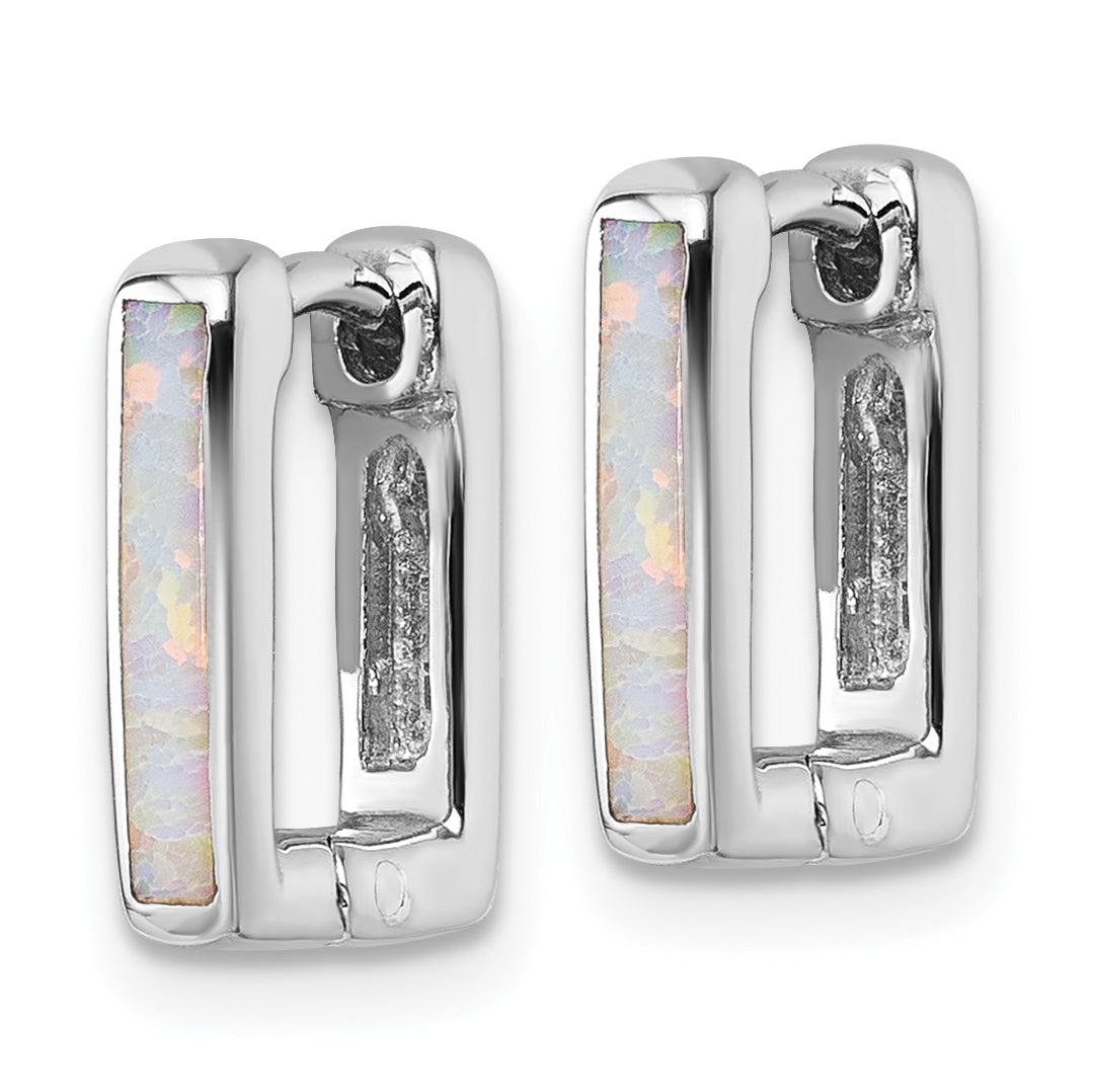 Sterling Silver Rhodium-plated Polished Lab Created Opal Square Hinged Hoop Earrings