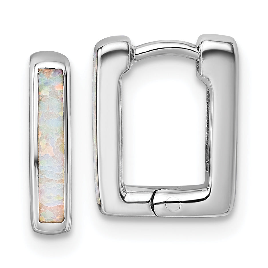 Sterling Silver Rhodium-plated Polished Lab Created Opal Square Hinged Hoop Earrings Main image