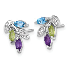 Sterling Silver Rhodium-plated Polished Amethyst, Peridot, and Blue and White Topaz Leaf Post Earrings