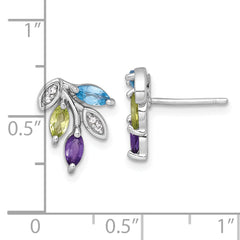 Sterling Silver Rhodium-plated Polished Amethyst, Peridot, and Blue and White Topaz Leaf Post Earrings