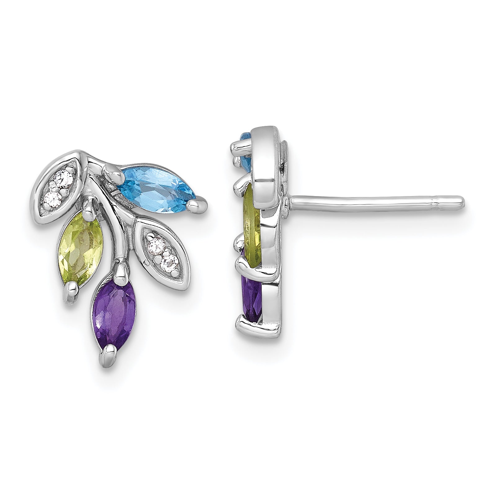 Sterling Silver Rhodium-plated Polished Amethyst, Peridot, and Blue and White Topaz Leaf Post Earrings Main image