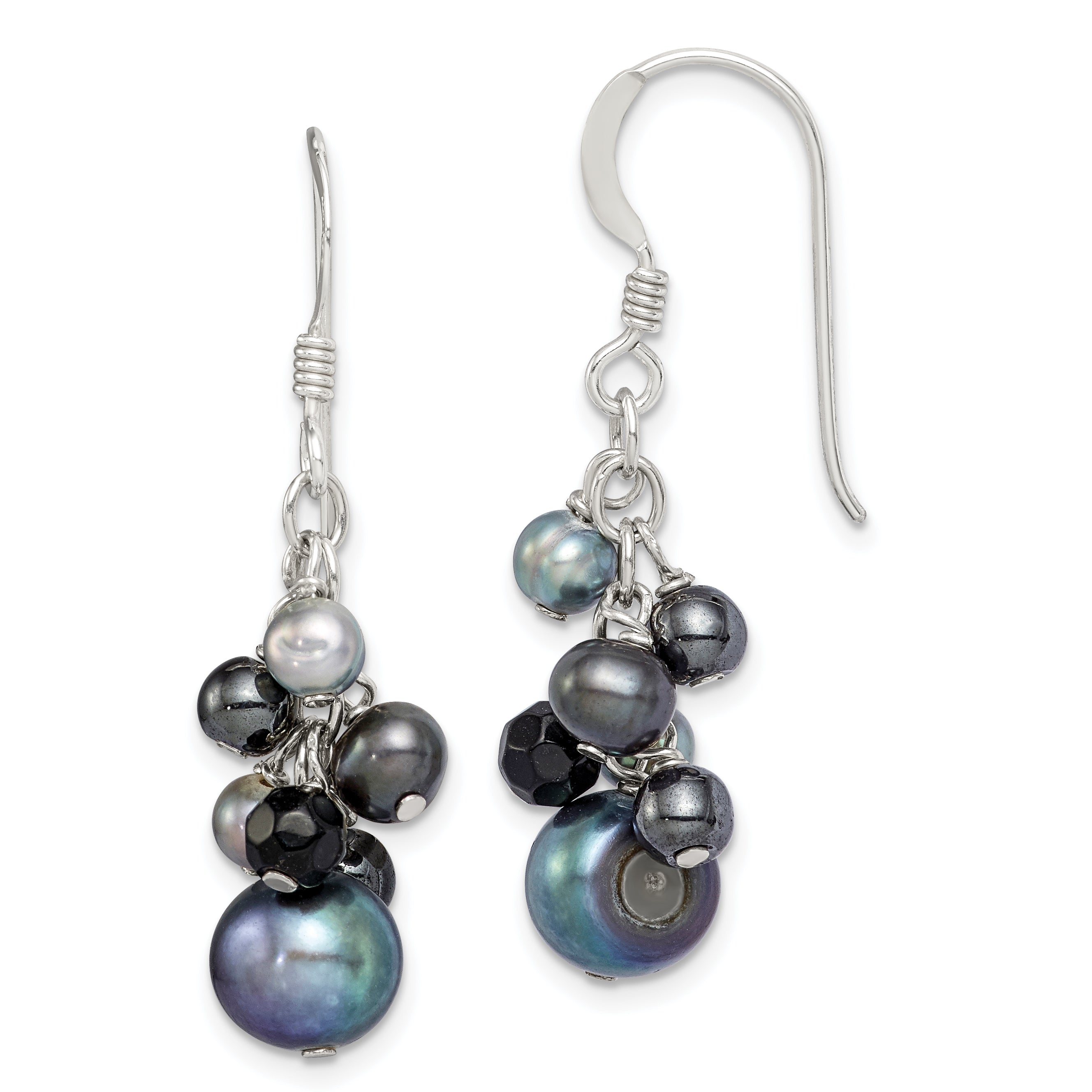 Sterling Silver Polished Black & Grey Freshwater Cultured Pearls and Onyx Dangle Earrings Main image