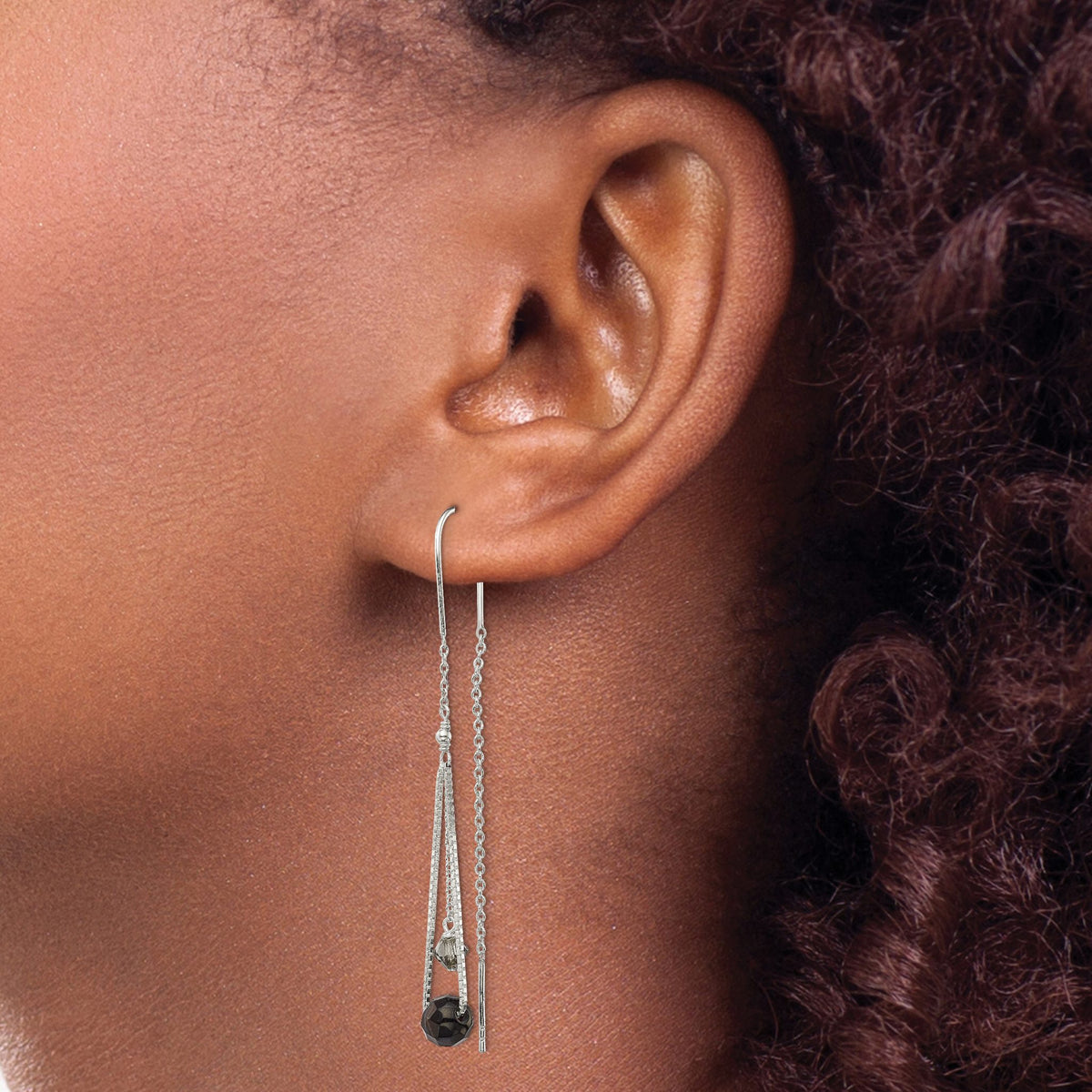 Black Crystal Threader Earrings in Sterling Silver, 6.5mm - Sophia Jewelers