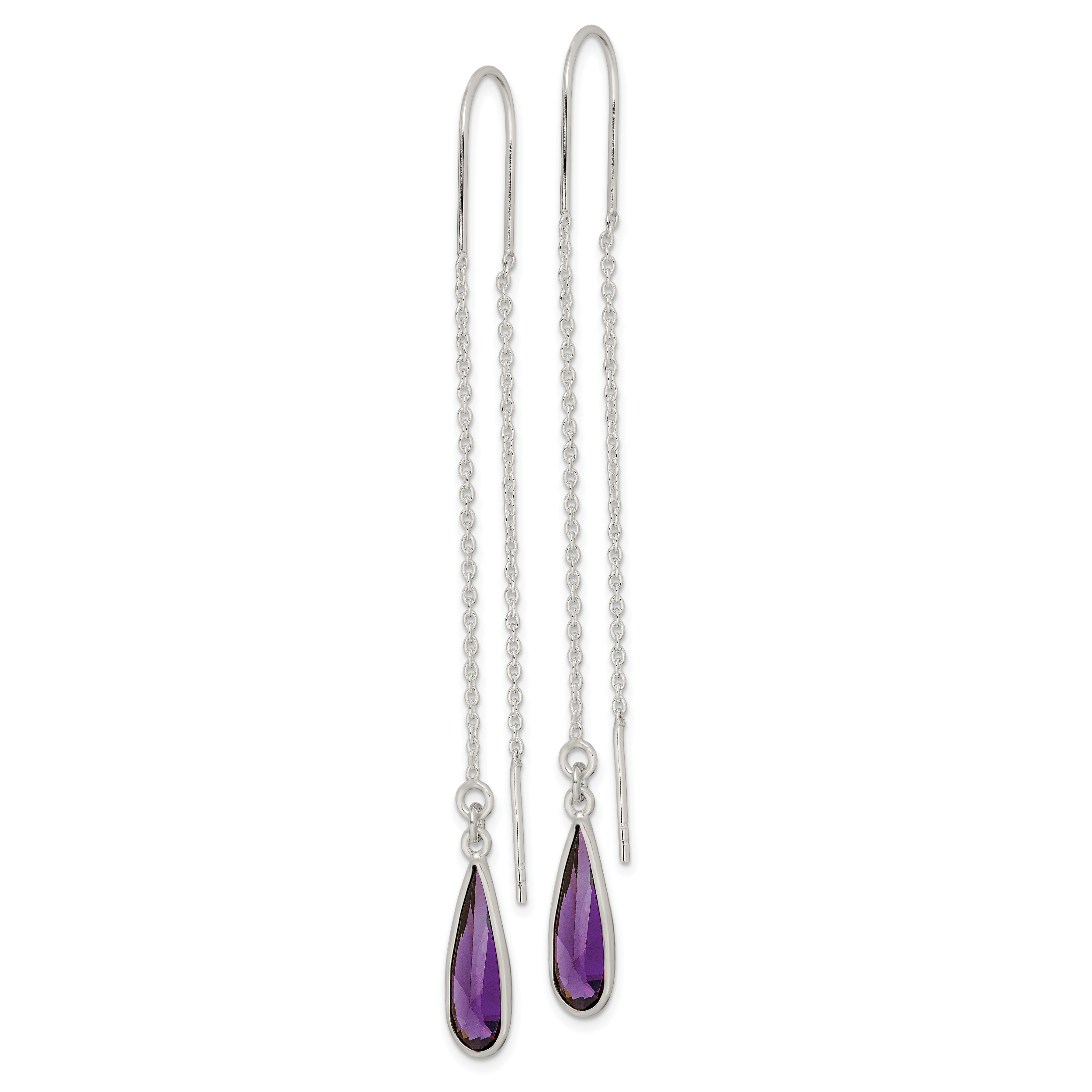 Sterling Silver Polished Purple CZ Teardrop Threader Earrings Secondary image