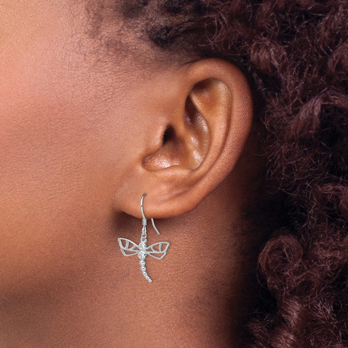 Cubic Zirconia Dragonfly Earrings in Sterling Silver, Textured - Sophia Jewelers
