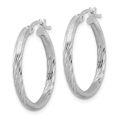 Sterling Silver Rhod-plated 2.5mm Polished/Satin Diamond-cut Hoop Earrings