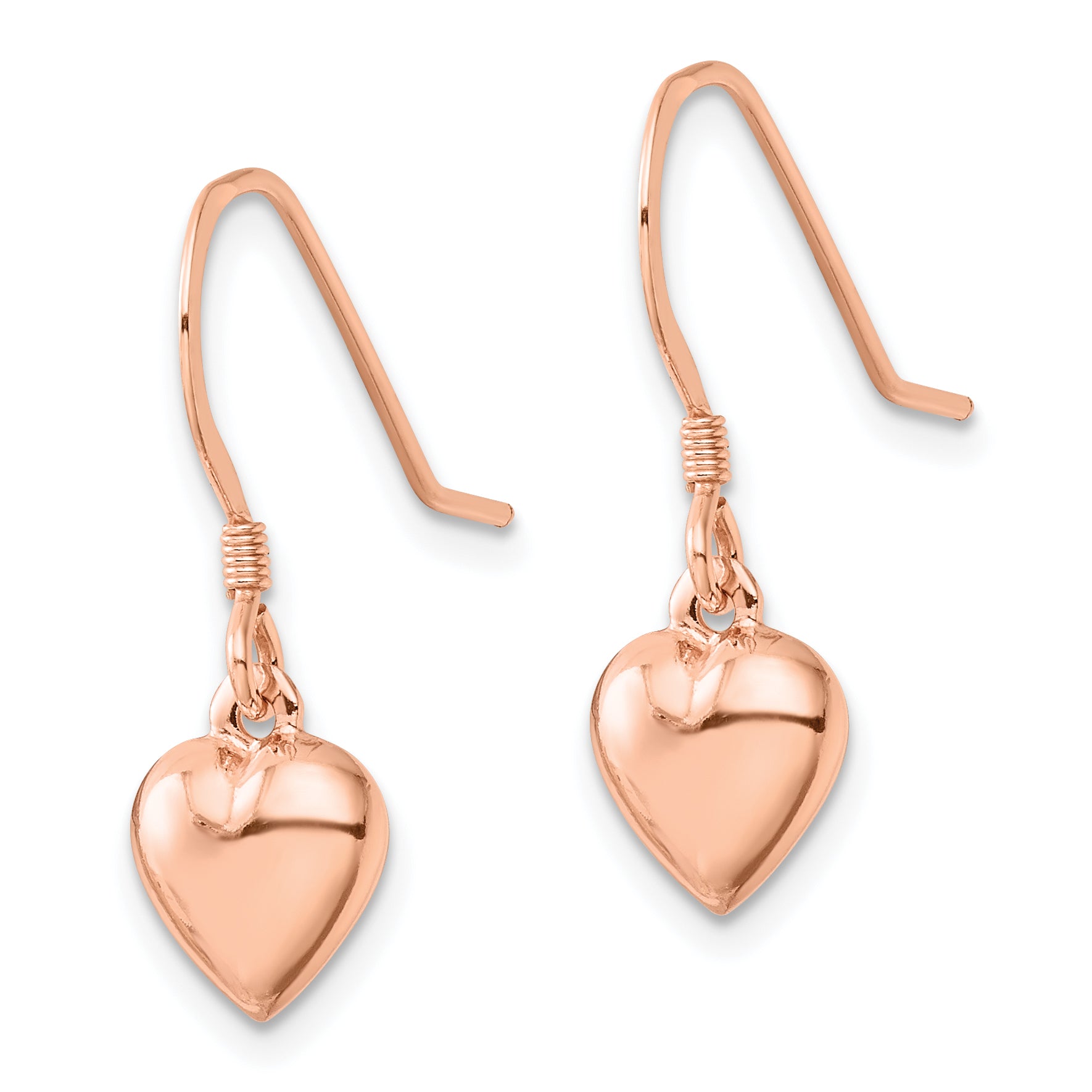 Sterling Silver Rose-tone Puffed Heart Dangle Shepherd Hook Earrings Secondary image