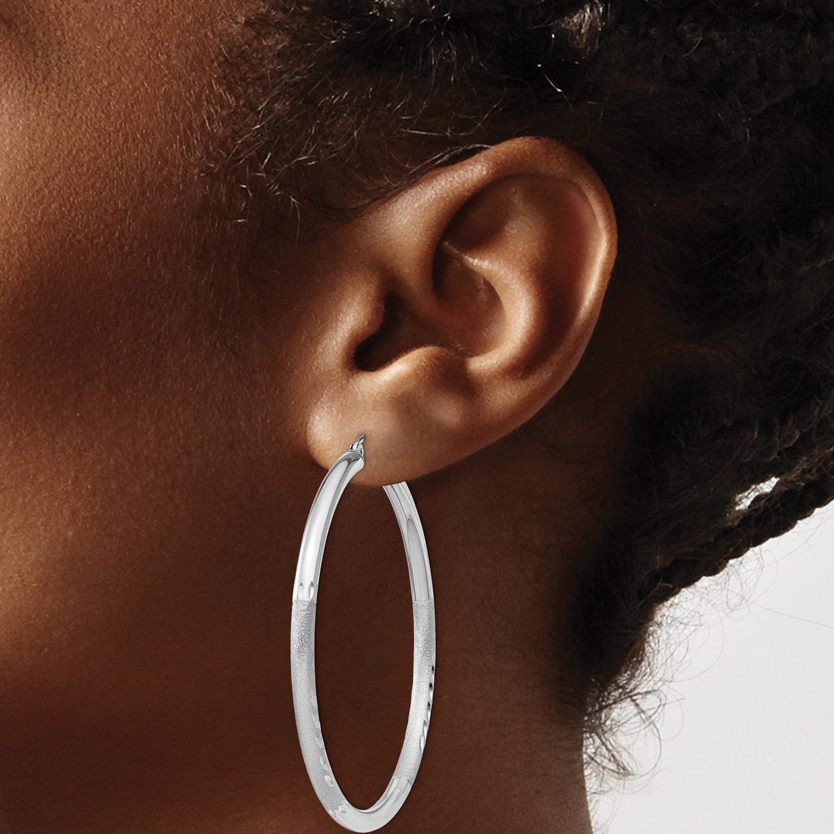 Hoop Earrings in Sterling Silver, 50x52mm Satin & Diamond-Cut - Sophia Jewelers