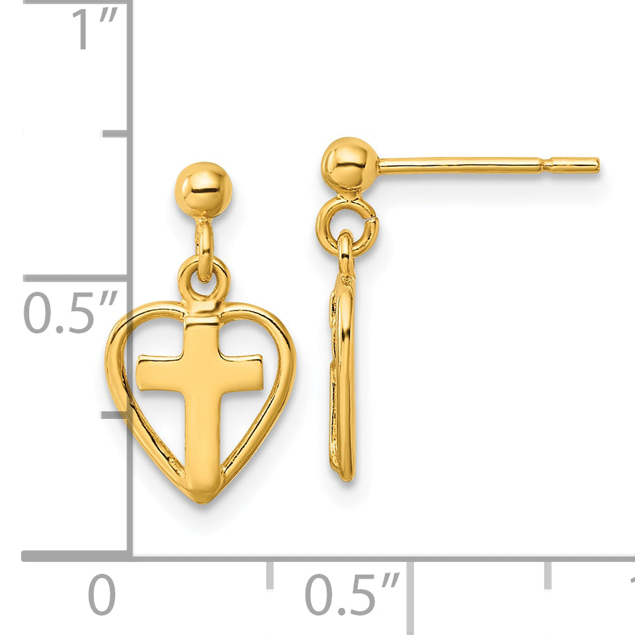 Sterling Silver Gold-tone Polished Cross In Heart Post Dangle Earrings