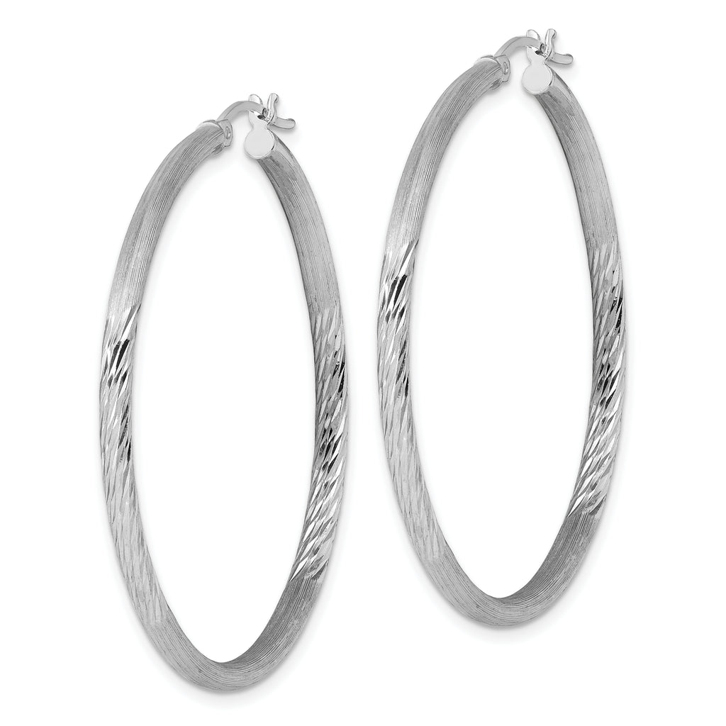 Sterling Silver Rhod-plated 2.5mm Polished/Satin Diamond-cut Hoop Earrings