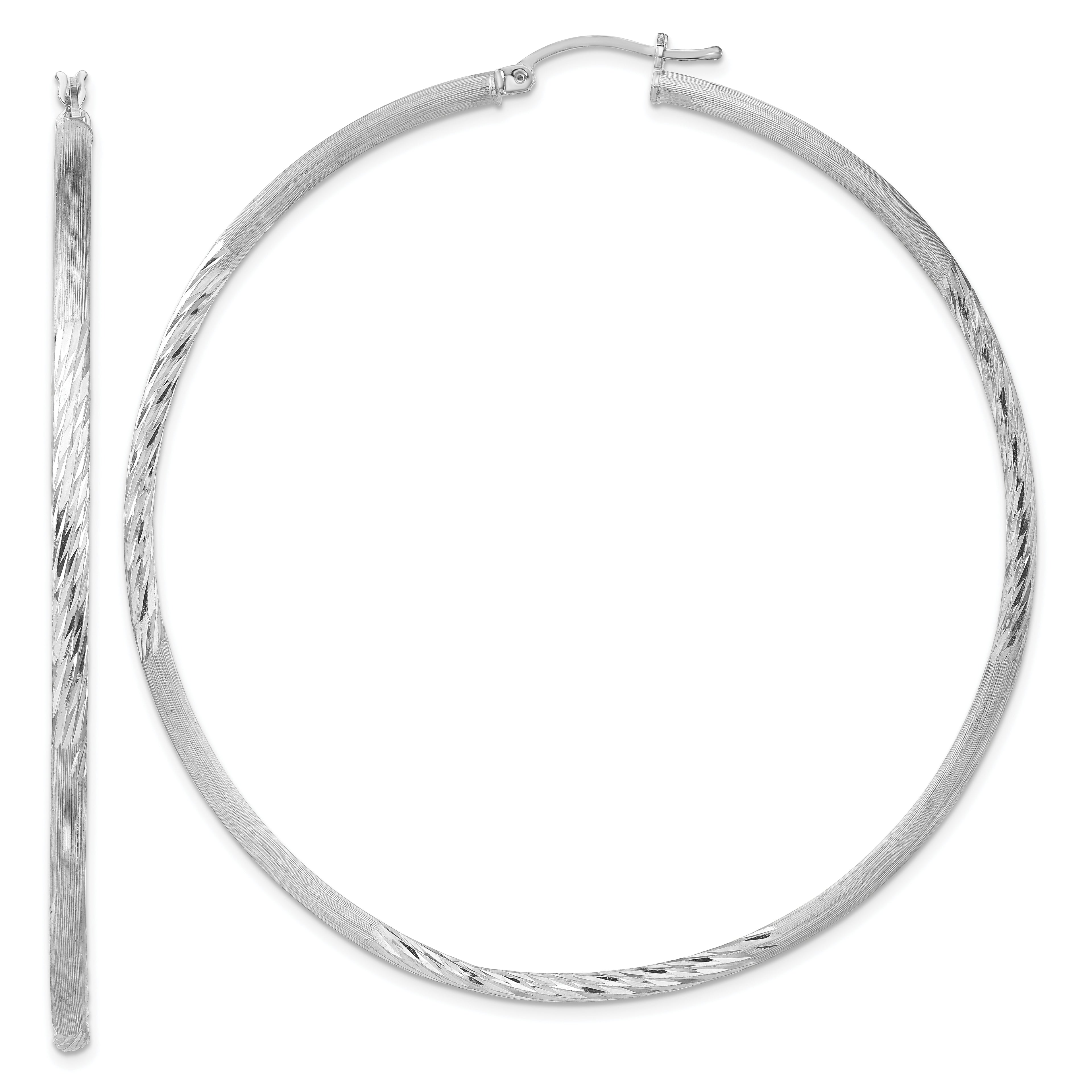 Sterling Silver Rhod-plated 2.5mm Polished/Satin Diamond-cut Hoop Earrings