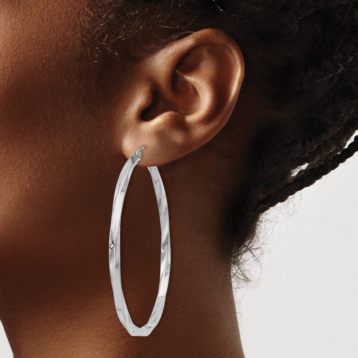 Sterling Silver Rhodium-Plated 3x55mm Twisted Hoop Earrings - Sophia Jewelers