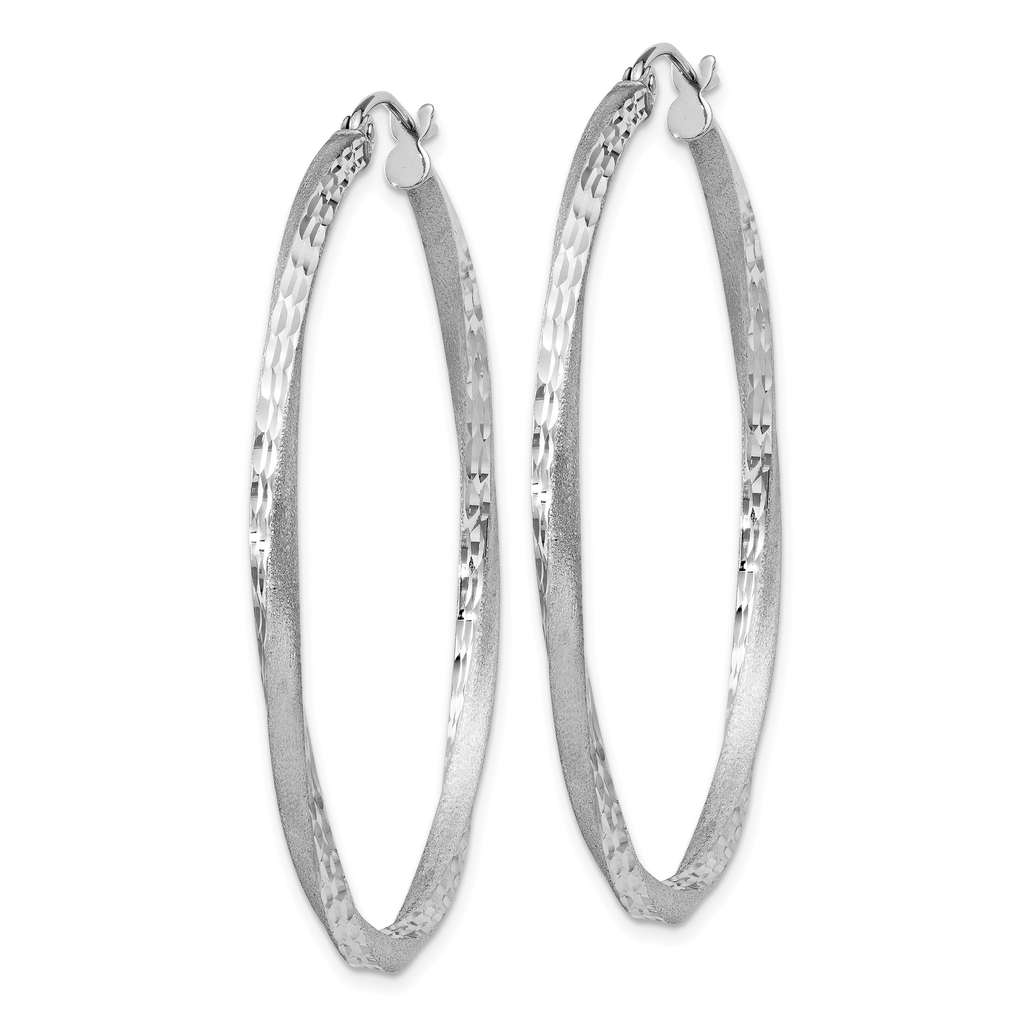 Sterling Silver RH-plated Satin Diamond-cut 2.5x45mm Twisted Hoop Earrings