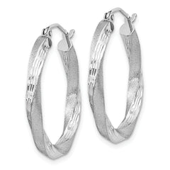 Sterling Silver Rhod-plated Satin Diamond-cut Twisted 3x25mm Hoop Earrings