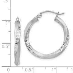 Sterling Silver Rhod-plated Satin Diamond-cut Twisted 3x25mm Hoop Earrings