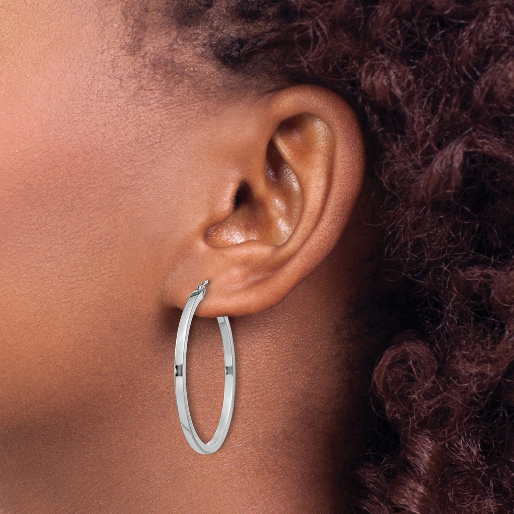 Sterling Silver Rhodium-Plated 2x35mm Square Tube Hoop Earrings