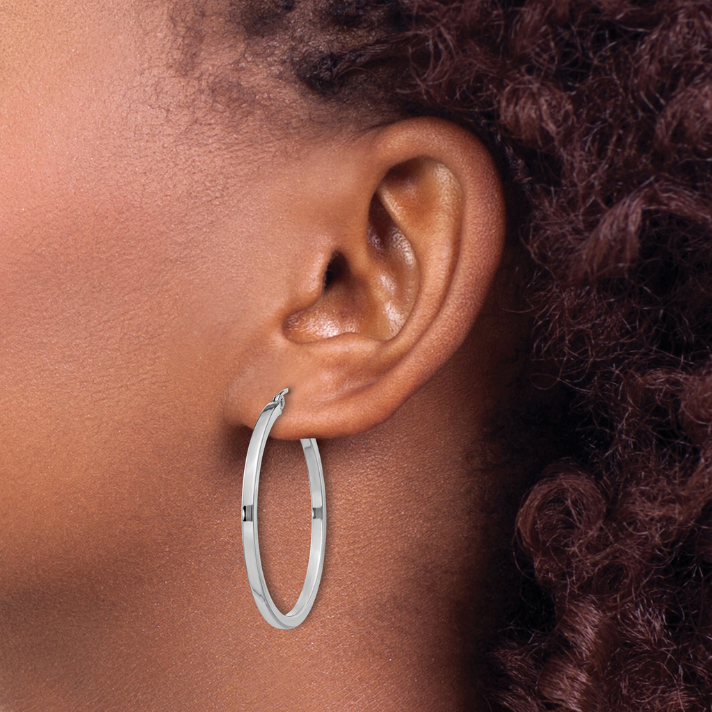 Sterling Silver Rhodium-Plated 2x35mm Square Tube Hoop Earrings