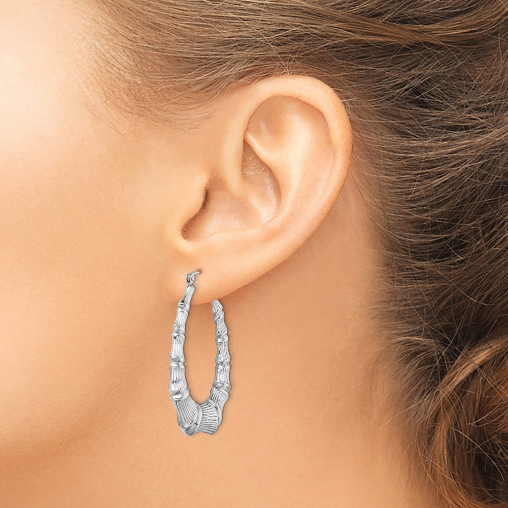 Sterling Silver Rhodium-Plated Bamboo Oval Hoop Earrings - Sophia Jewelers
