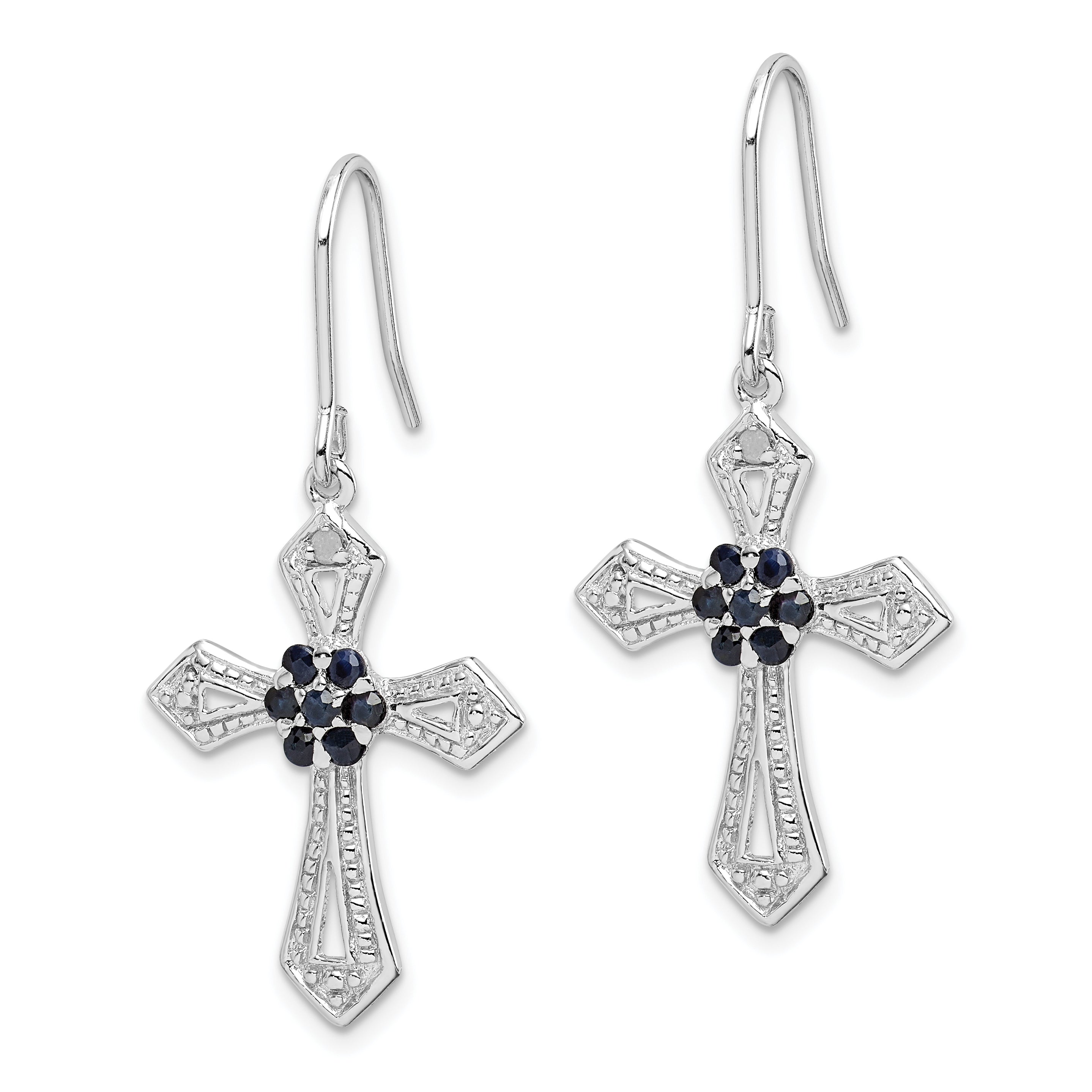 Sterling Silver Rhodium-plated Polished & Beaded Diamond Accent & Black CZ Passion Cross Dangle Earrings Secondary image