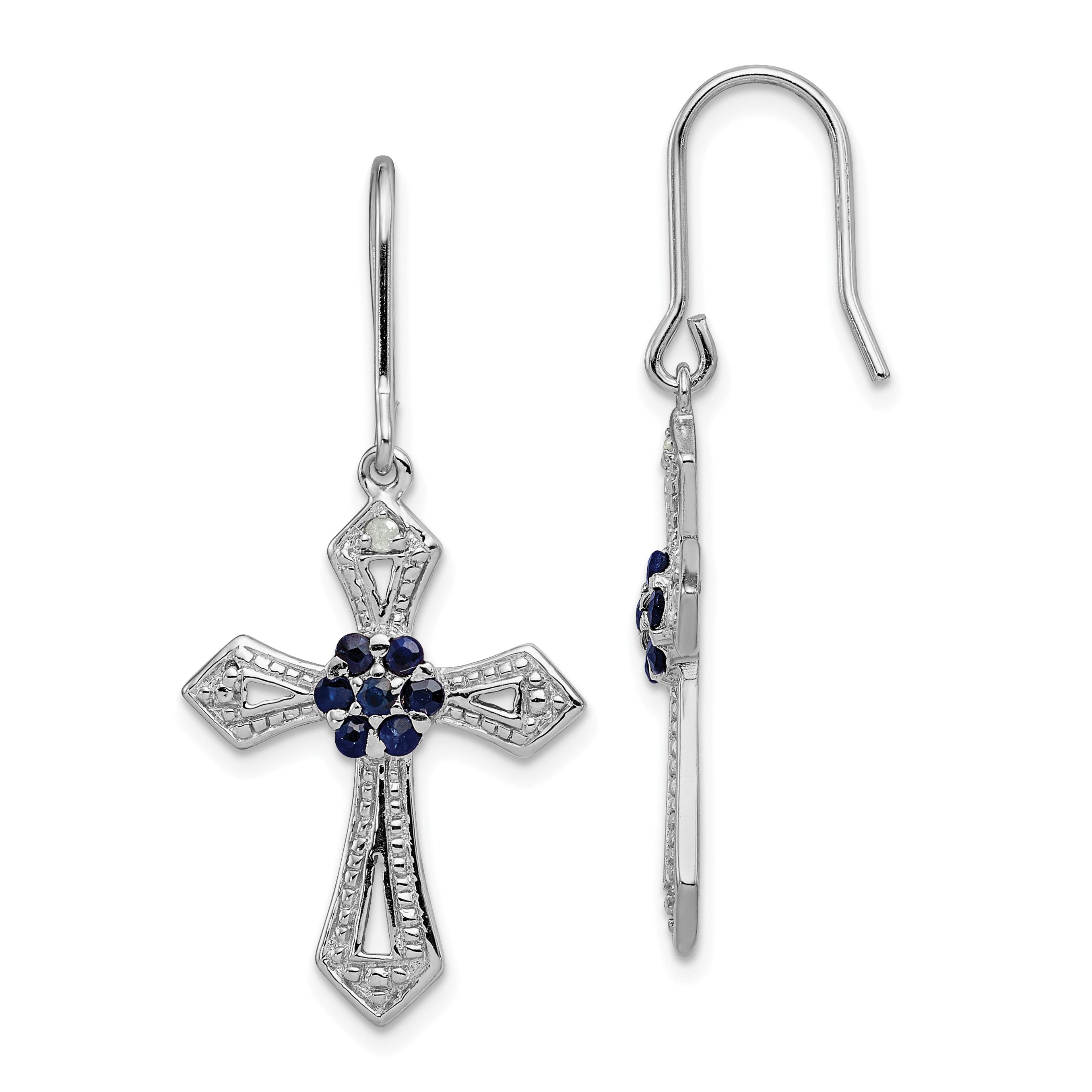 Sterling Silver Rhodium-plated Polished & Beaded Diamond Accent & Black CZ Passion Cross Dangle Earrings Main image